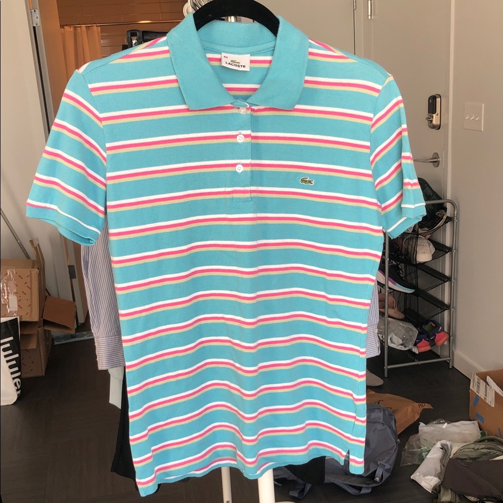Lacoste Men's Turquoise and Pink Striped Polo Shirt